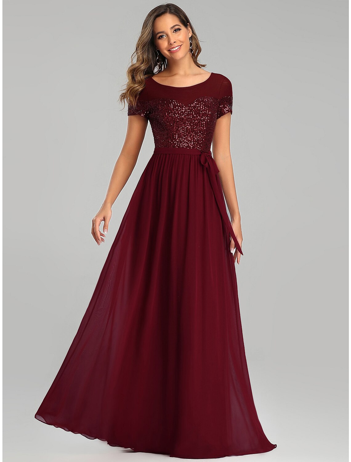 Wholesale A-Line Bridesmaid Dress Jewel Neck Short Sleeve Elegant Floor Length Chiffon with Sash / Ribbon / Sequin